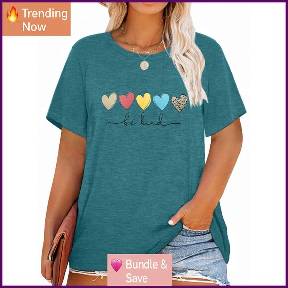 Plus Size Short Sleeve T-Shirt Kindness Flowers Print Pullover Tunic Polyester - Picture 1 of 8